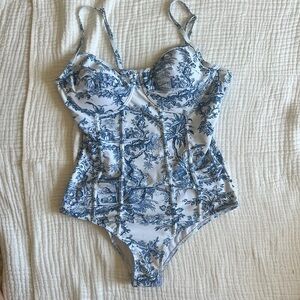 Reformation Blue and White One Piece Swimsuit